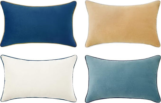 MONDAY MOOSE Decorative Throw Pillow Covers Cushion Cases, Set of 4 Soft Velvet Modern Double-Sided Designs, Mix and Match for Home Decor, Pillow Inserts Not Included (12x20 inch, Blue/Beige)
