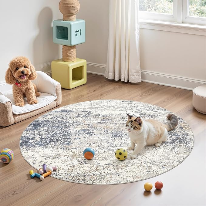 DMOYEST 4ft Round Area Rug Living Room Rugs - 4x4 Washable Large Soft Indoor Neutral Modern Abstract Low Pile Rug Carpet for Bedroom Dining Room Farmhouse Home Office - Beige Blue