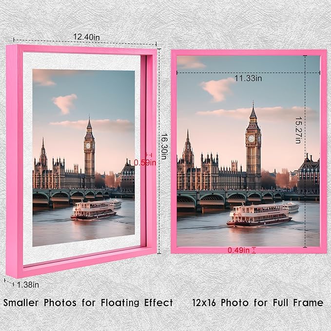 MUYE 12x16 Floating Frame Set of 2,Double Real Glass Photo Frame,Display Any Size Photo up to 12x16,Wall Mount or Tabletop Standing,Pink