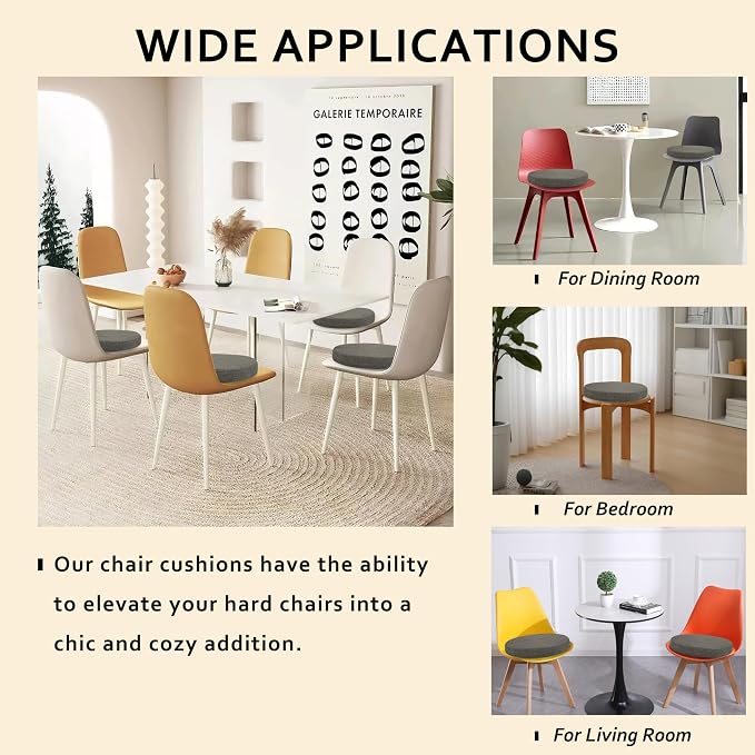 ELFJOY Round Chair Cushions for Dining Chairs Non Slip High-Resilience Foam Chair Pads 2" Thick Seat Cushions for Kitchen Chairs Set of 2 16" Dark Grey