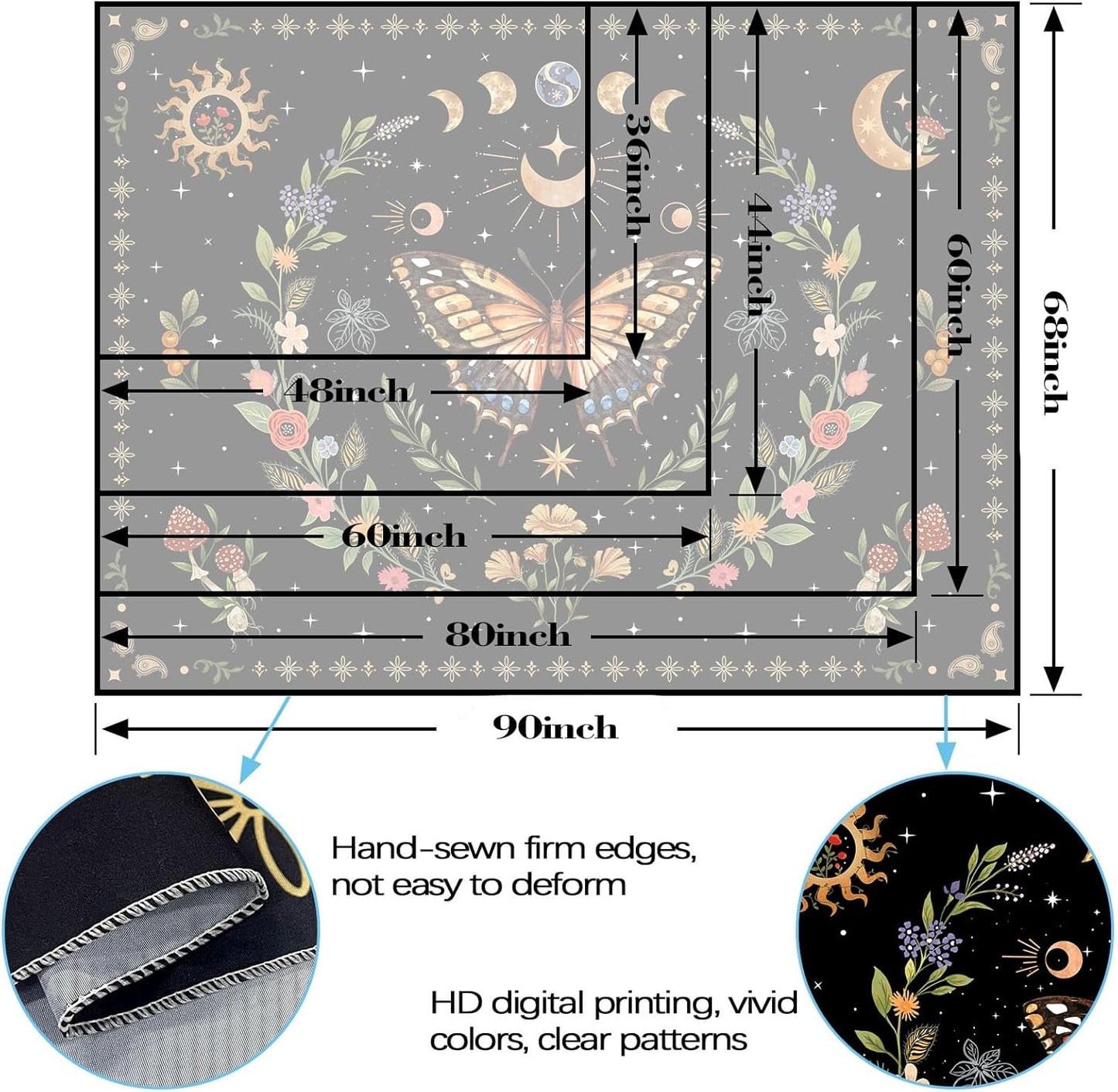 Lunerfex Boho Butterfly Tapestry Flower Moon Wall Tapestry, Moon Phases Tapestries for Bedroom Cute Tapestries Wall Hanging for Bedroom Living Room Decor Butterfly-1 44"x60"