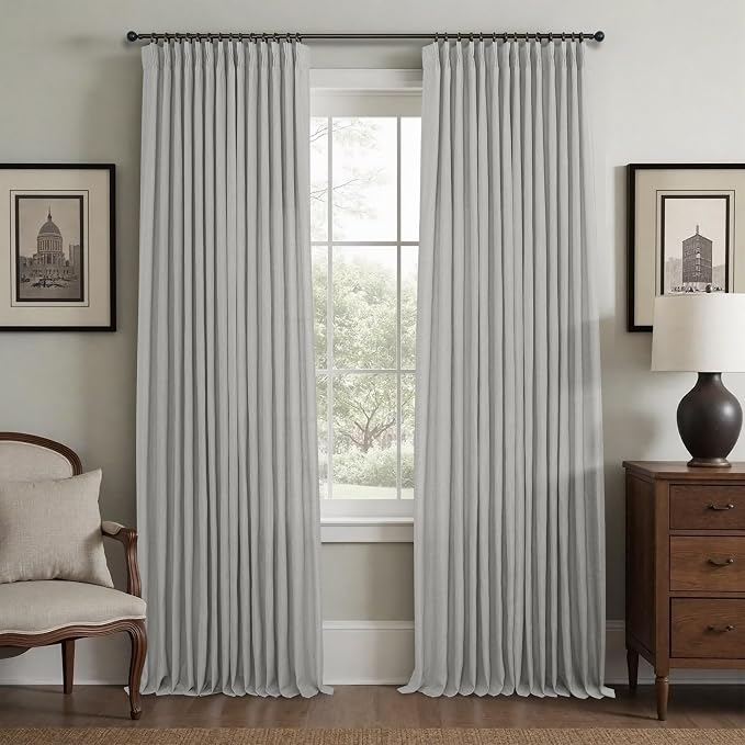 White Grey Living Room Curtains 84 Inch Length 2 Panels Pinch Pleat Back Tab Cotton Textured Linen Pleated Drape Semi Sheer Filtering Light Gray Curtain for Bedroom Farmhouse Mid Century 84 Long Dove