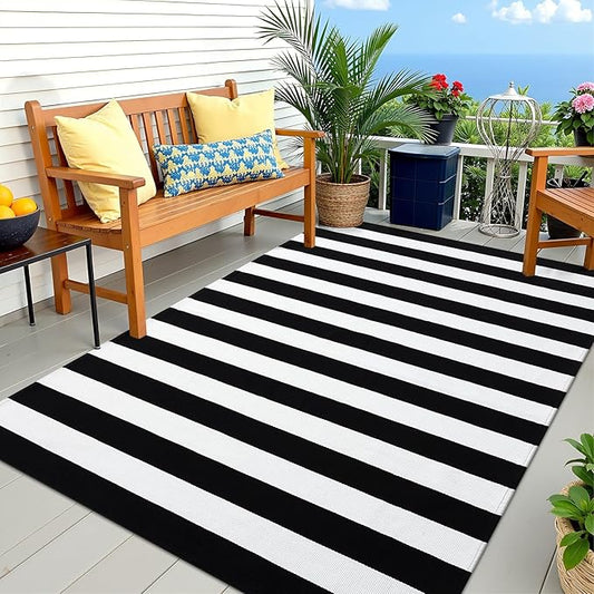OLANLY Black and White Striped Rug 5' x 7' – Washable Cotton Indoor Outdoor Doormat for Front Door, Entryway, Kitchen, Porch, Patio Decor