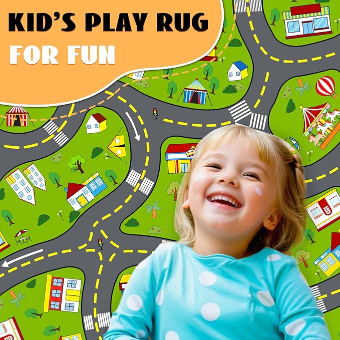 Car Rug Play Mat 4.5 x 6 Feet, Green Traffic Car Road Rug Educational Learning City Life Kids Rugs for Playroom Nursery Toddler Preschool Bedroom Living Room