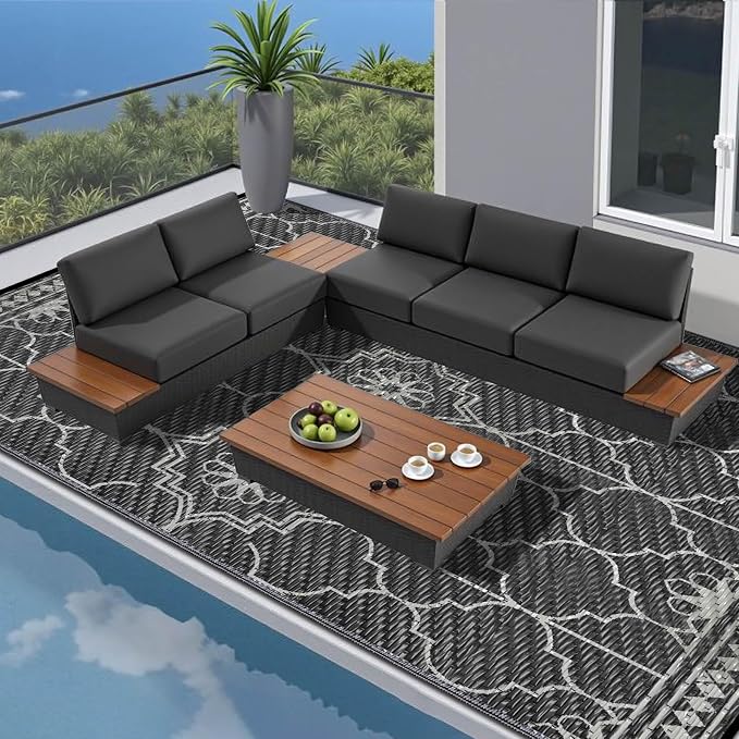 Outdoor Rug 10x14Ft, Waterproof Outdoor Patio Rug for House Deck Reversible Plastic Straw Mat for RV Camping Picnic Beach Balcony (Black Gray)