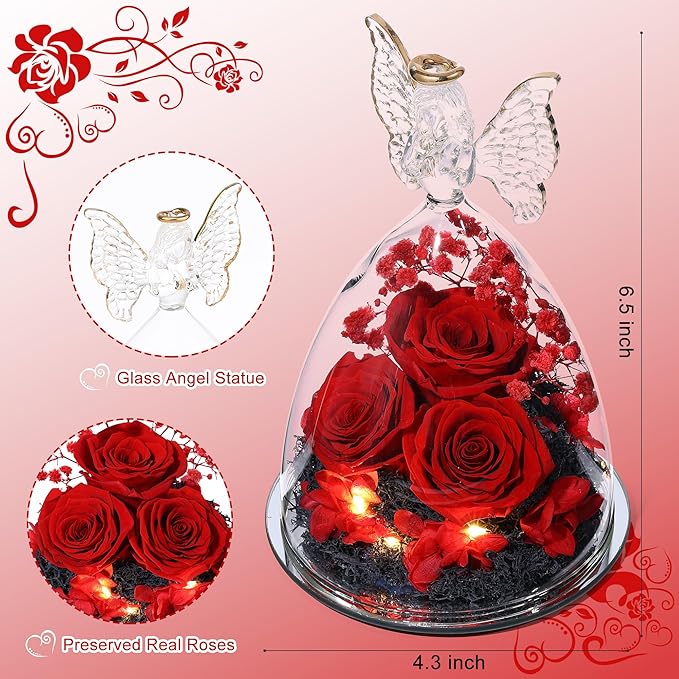 Mothers Day Rose Gifts for Women Preserved Real Flower in Glass Angel Figurines Roses for Delivery Prime Birthday Gifts for Mom Grandma Girlfriend Wife Her - Red