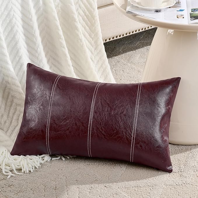 Fancy Homi Burgundy Long Lumbar Faux Leather Decorative Throw Pillow Covers 12x24 Inch for Living Room Couch Bed, Modern Farmhouse Boho Home Decor, Wine Red Hand Stitched Cushion Case 30x60 cm