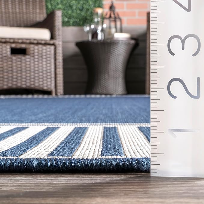 Nuloom Asha Navy/Ivory, 9'6" x 12', Casual, Striped Border, Soft and Cozy, High Traffic, Easy Clean, Durable Area Rug for Indoor/Outdoor Patio, Deck, Porch, Garden, Courtyard