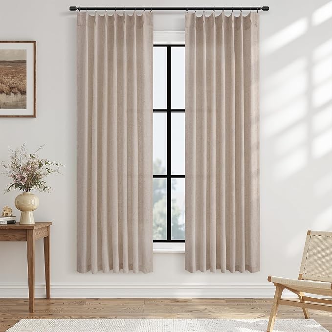 Guken Sand Beige Pinch Pleated Linen Curtains 72 Inches Long 2 Panels Set Vintage Farmhouse Boho Window Curtain for Living Room Bedroom Semi Sheer Back Tab Draps with Hooks Rings Aesthetic Decor