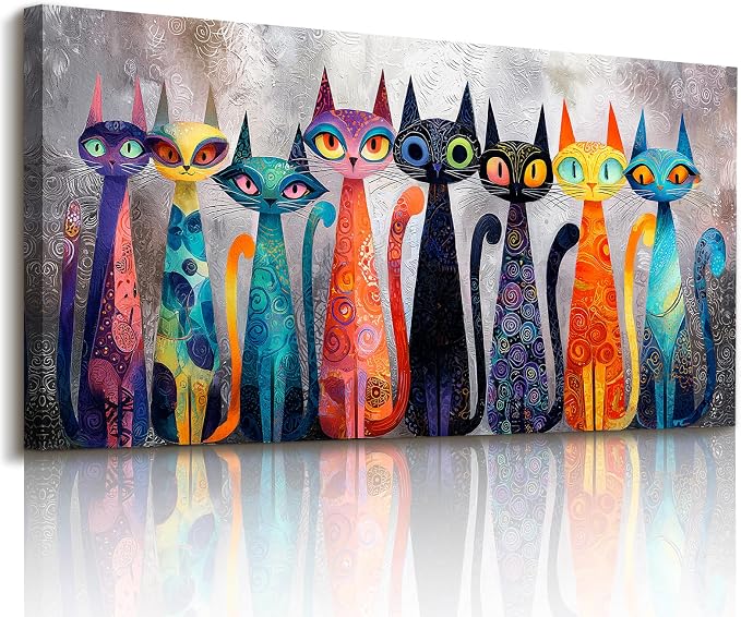 imjiayu Colorful Abstract Cat Wall Art, Boho Whimsical Kitten Canvas Print, Kitty Pictures Decor for Cat Lovers, Cute Modern Cat Wall Decor for Living Room Bedroom Kids Room, 24"x48" Ready to Hang