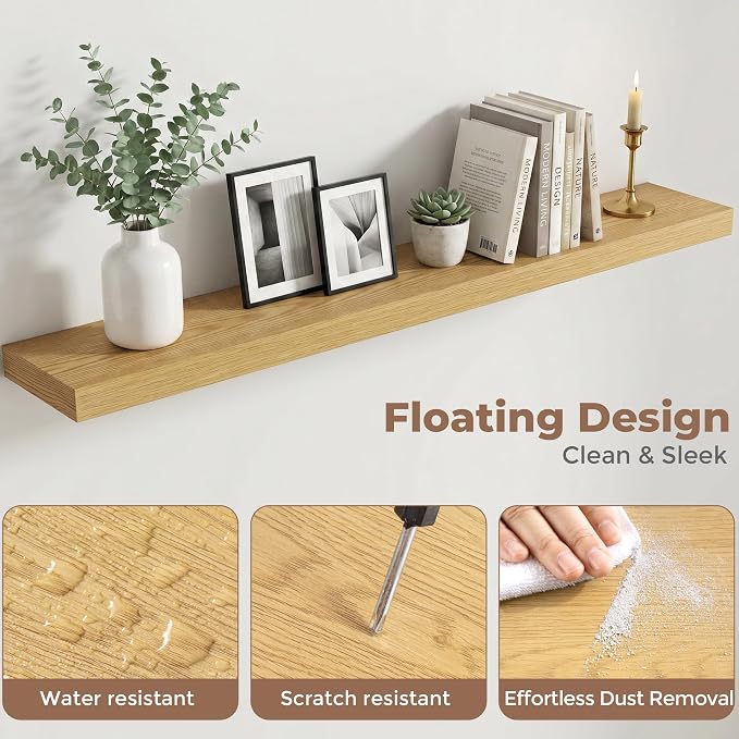 55 Inch Floating Shelves for Wall, 8"D Wood Storage Shelves, Oak Finish | Engineered Wood, Invisible Bracket, Large Storage, Easy Install, Hold Up to 88lbs, Living Room, Bathroom, Bedroom, Kitchen