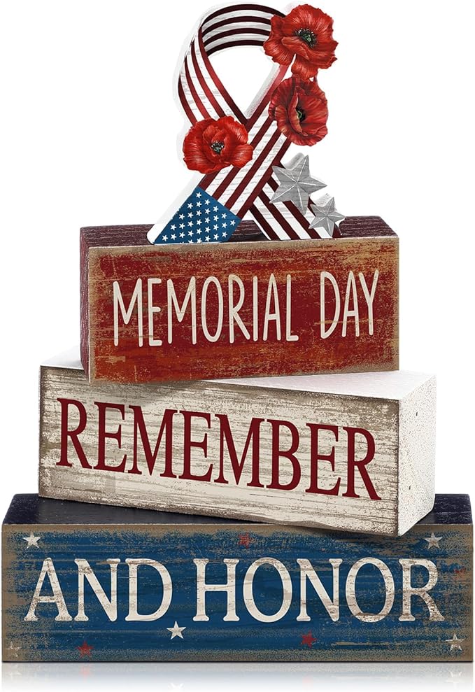 CroBlissful 4 Pcs Memorial Day Decorations Patriotic Remember Tabletop Decorations Star Ribbon Red White Blue 4th of July Table Centerpieces Sign for Office Tiered Tray Home Shelf 250th Anniversary
