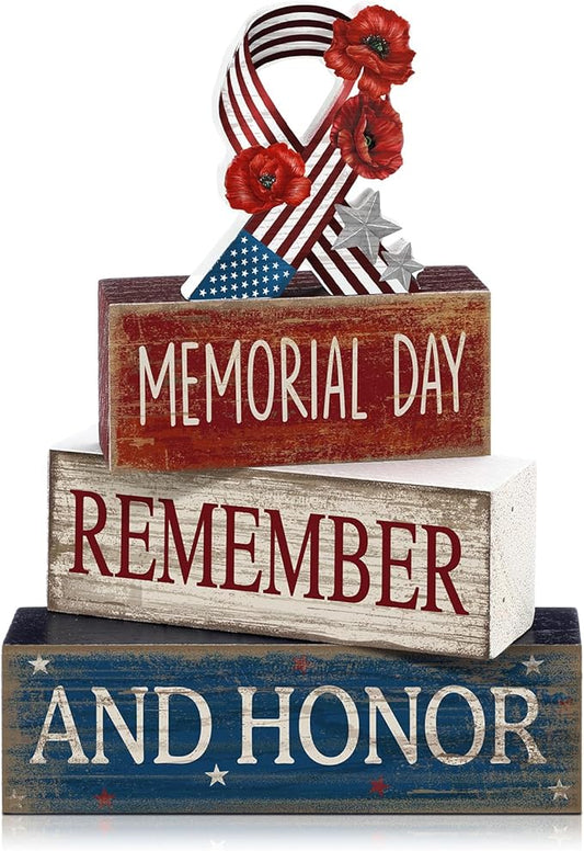 CroBlissful 4 Pcs Memorial Day Decorations Patriotic Remember Tabletop Decorations Star Ribbon Red White Blue 4th of July Table Centerpieces Sign for Office Tiered Tray Home Shelf 250th Anniversary