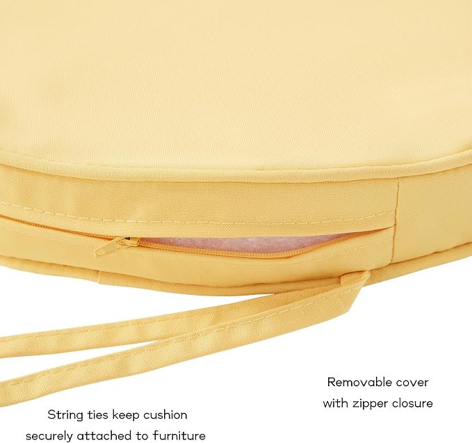 Set of 2 Outdoor 18 inch Round Patio Dining Chair Pads – Comfortable Fiber-Filled Seat Cushions with Ties, Reversible Polyester Fabric, Sunbeam