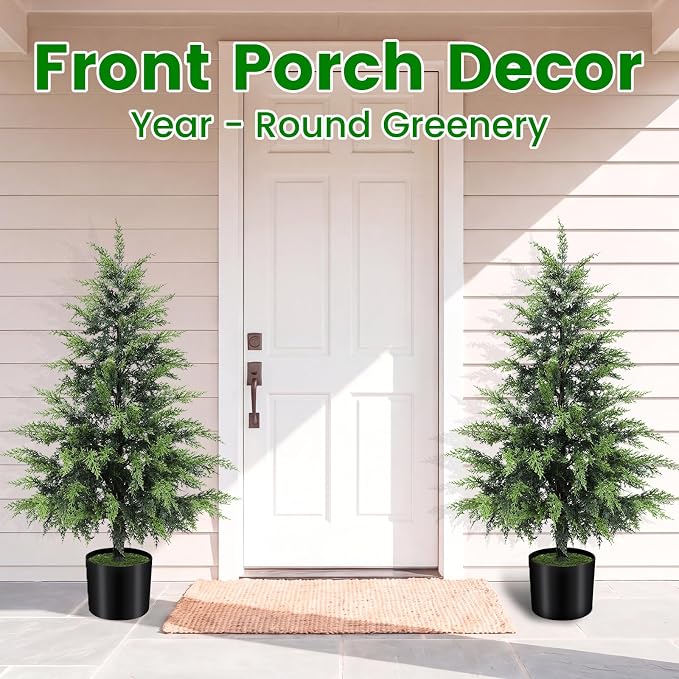 ENVEN Outdoor Artificial Topiary Cedar Tree Real Touch Faux Pine Evergreen Shrub Plant UV Resistant Greenery Tree with Pot Realistic Cypress Front Porch Decor (3FT-2Pack)