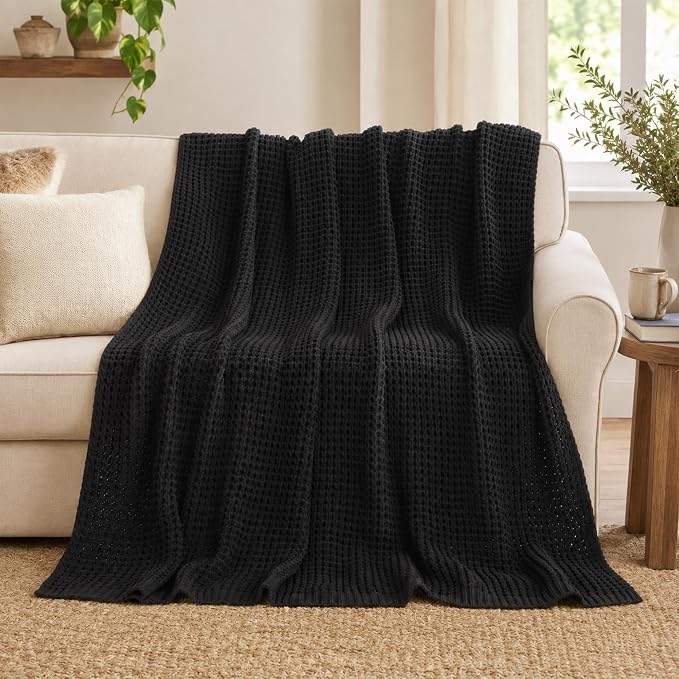 Bunnikins & Clover Black Waffle Knit Throw Blanket, Cozy Stylish Black Blanket for Sofa Bedroom, Home Decor, 50"x60"