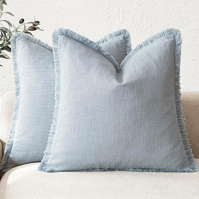 Foindtower Set of 2 Decorative Linen Fringe Throw Pillow Covers Cozy Boho Farmhouse Cushion Cover with Tassels Soft Accent Pillowcase for Couch Sofa Bed Living Room Home Decor,26×26 Inch,Sky Blue