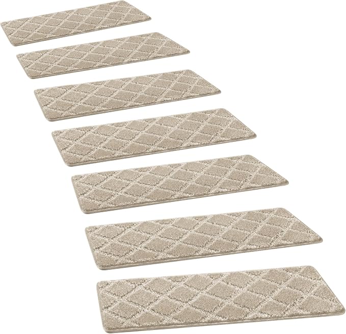 PURE ERA Carpet Stair Treads Tape Free Non Slip Indoor Stair Carpet Stair Protectors Pet-Friendly Non-Slip Skid Resistant Washable Reusable 8" x 30"(7 Pieces,Cream Gray Diamond Trellis)