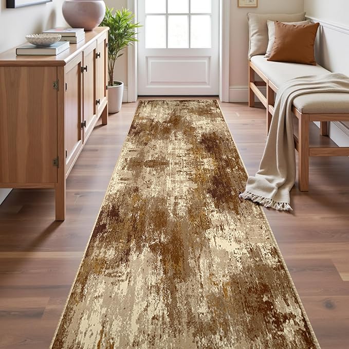 RELEANY Washable Area Rugs 2'x10' Non-Slip Modern Abstract Soft for Living Room Entryway Bedroom Nursery, Print Pattern, Brown Tan Beige Coffee