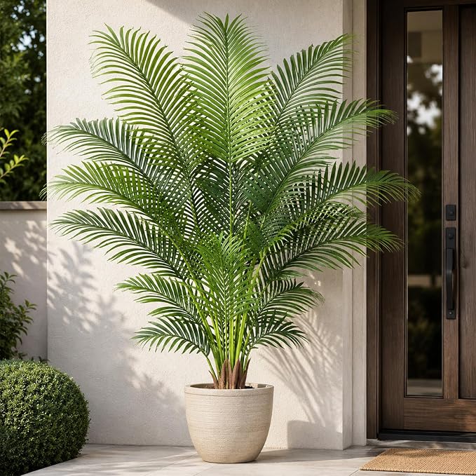 Artificial Palm Tree 6.2ft Tall Fake Palm Tree Indoor Decor with 18 leaves and Real Bark Design Faux Tropical Areca Palm Silk Floor Plant in Pot for Home Office Living Room Bedroom Decor 1pcs