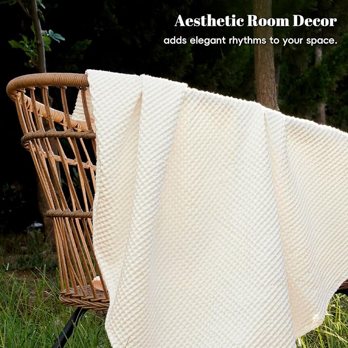 PHF Pre-Washed 100% Cotton Waffle Weave Blanket Queen Size for Bed,Snag Proof Throw Blanket for Couch Spring Summer Lightweight Breathable,Machine Washable, Home Decor Gift - Cream