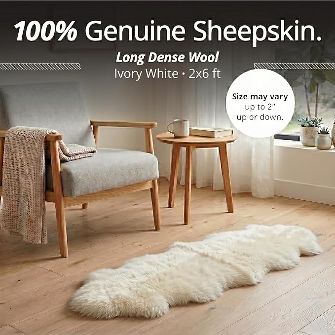 Premium Duo 100% Genuine Sheepskin Area Rug 2x6 ft – Natural Ivory White Soft & Fluffy Lambskin Rug Sheepskin Throw for Bedroom or Living Room – Made in Argentina