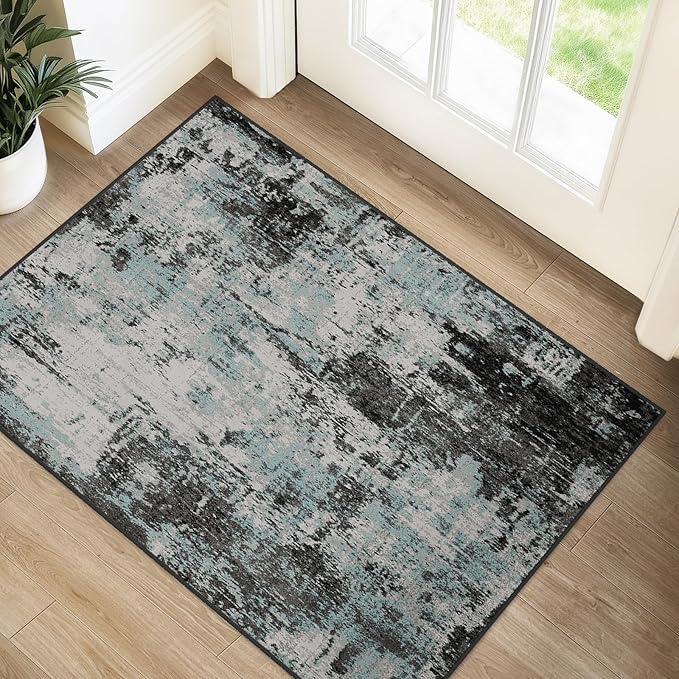 RELEANY Washable Area Rugs 2'x3' Non-Slip Modern Abstract Soft for Living Room Entryway Bedroom Nursery, Print Pattern, Blue Black Teal