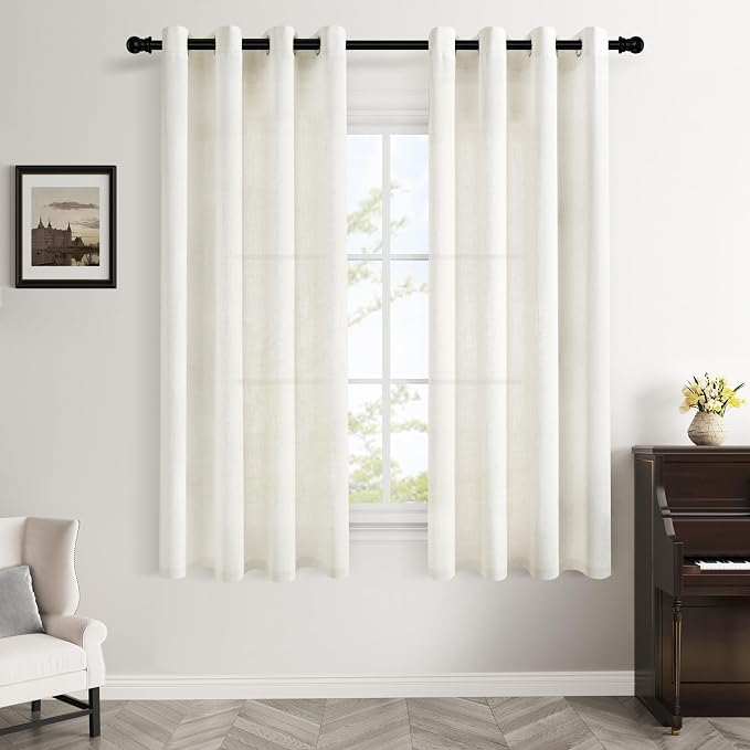 Ivory Linen Curtains 63 Inch Length 2 Panels Set for Bedroom Cream Grommet Light Filtering Cotton Flax Drapes White Oatmeal Neutral Modern Boho Natural 63 Inch Sheer Curtains for Dining Room Window