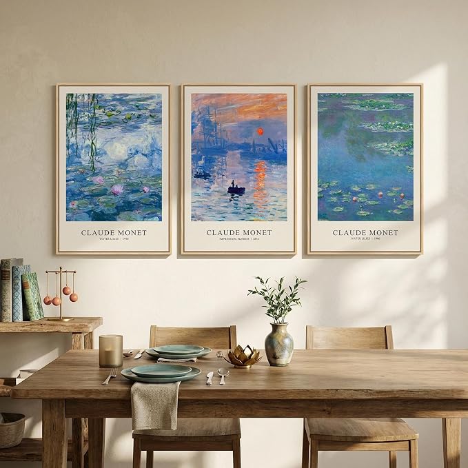 Framed Claude Monet Landscape Wall Art for Living Room, 3 Piece Impressionist Canvas Picture Artwork for Walls, Classic Blue Lake Water Lilies Prints Painting for Bedroom Dining Room Hallway, 16x24 In
