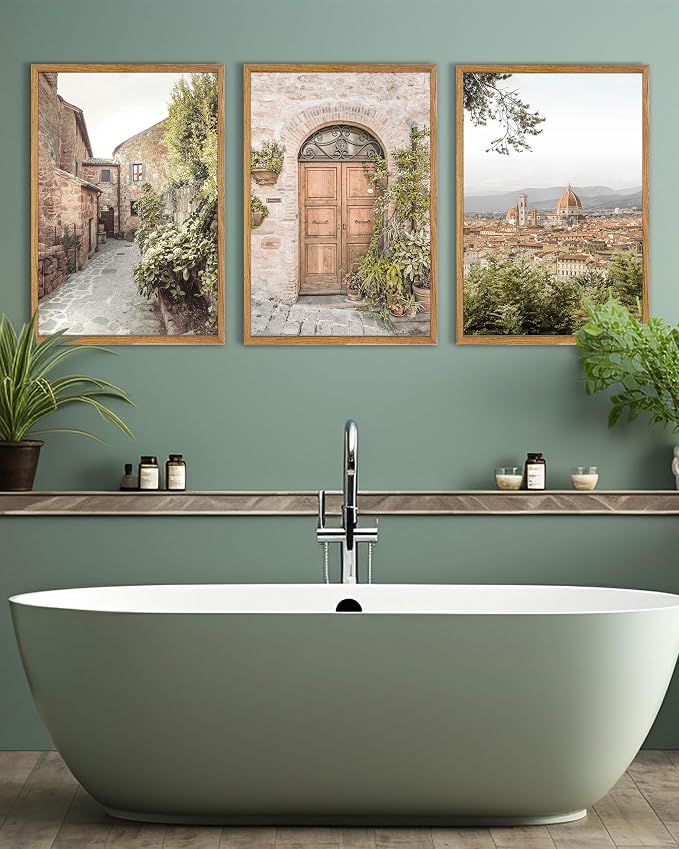 UPWOIGH Italy Travel Framed Wall Art, 16 x 24 Inch, Set of 3 | Florence Skyline, Tuscan Alley and Rustic Door Prints, Warm Neutral Tones, Light Wood Frames for Living Room and Office