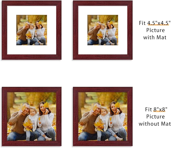 Picrit 8x8 Picture Frame Set of 12, Display 5x5 with Mat or 8 x 8 Without Mat, Photo Frames for Wall Mounting or Table Top Display, Dark Red Wood
