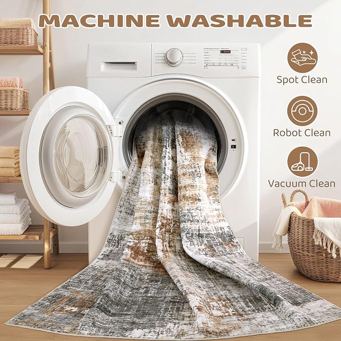 DMOYEST Square Area Rug Living Room Rugs - 6x6 Washable Large Soft Indoor Neutral Modern Abstract Low Pile Rug Carpet for Bedroom Dining Room Farmhouse Home Office - Grey Brown