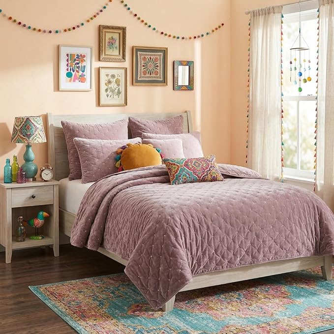 Tache Velvet Quilt Set Queen Size Luxurious Velveteen Velour Super Soft Plush Warm Cozy Diamond Tufted Polka Dot Quilted Coverlet Light Purple Mauve Bedspread Set, Queen