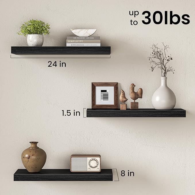 Fun Memories 24Inch Floating Shelves for Wall, 8 Inch Deep Shelves for Bathroom|Bedroom|Kitchen Wall Mounted, Wood Hanging Shelf with Invisible Brackets for Home Storage Decor, Black - 2 Pack