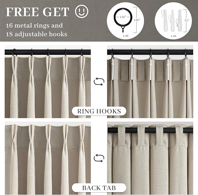 90 Inch Pinch Pleated Curtains for Living Room 2 Panels Rustic Farmhouse Greige Thick Linen Textured Light Filtering Pinch Pleat Drapes Back Tab Semi Sheer Window Curtain 90 Inch Long