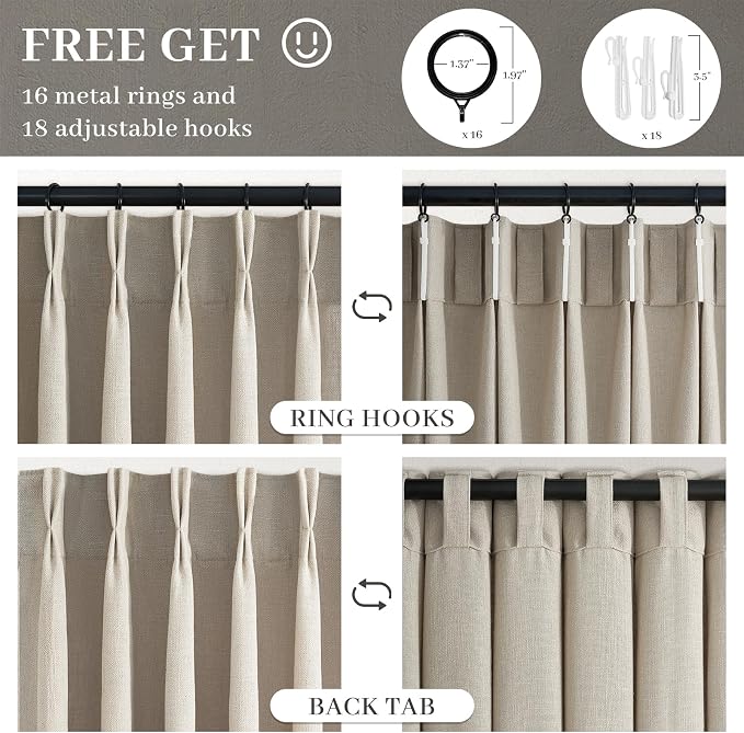 Greige Linen Sheer Curtains 92 Inches Long for Living Room 2 Panels Back Tab Pinch Pleated Drapes with Hooks Rings Viral Light Filtering Burlap Farmhouse Ceiling Custom Made Memory Trained Curtain