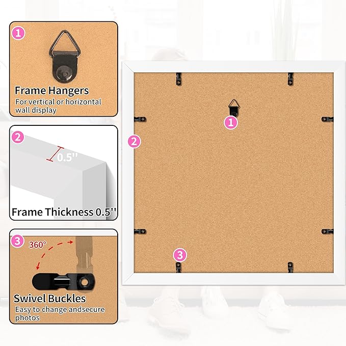 12x12 Picture Frame 2 Pack, White Photo Frames Collage for Wall Hanging, 12 x 12 Square Wall Gallery Poster Frame with Clear Plexiglass, Display Pictures 8x8 with Mat or 12x12 Without