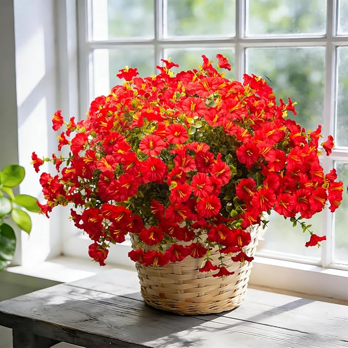Grunyia 16PCS UV Resistant Artificial Morning Glory Flowers with Eucalyptus - Red Faux Silk Plastic Fake Plants for Outdoor Indoor Garden Porch Planter Window Box Wedding Home Decor