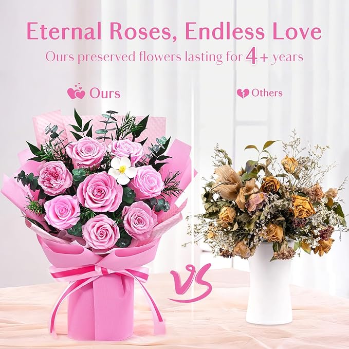 Forever Rose Flowers for Delivery, 8-Piece Preserved Roses Bouquet Birthday Gifts for Women, Long Lasting Purple Roses with Gift Box for Mom, Forever Flowers with Vase for Her Wife Girlfriend