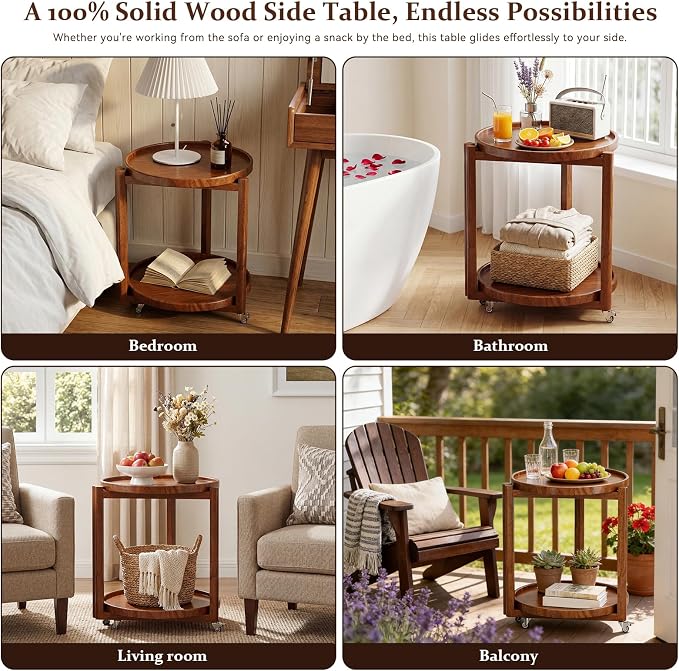 Taitiy Small Round Side Table with Wheels Solid Wood 2 Tier End Table with Storage Mobile Nightstand for Small Spaces Rolling Side Table for Couch & Bedside Walnut 17.7"