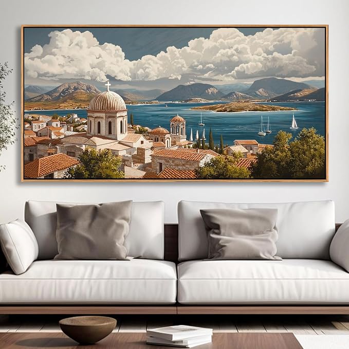 YDYSUNE Large Wall Art Framed Costal Wall Decor Retro Ocean Canvas Decor Sailboat Painting Village Seascape Artwork for Living Room Bedroom Dining Decoration Size 29x58 Inches