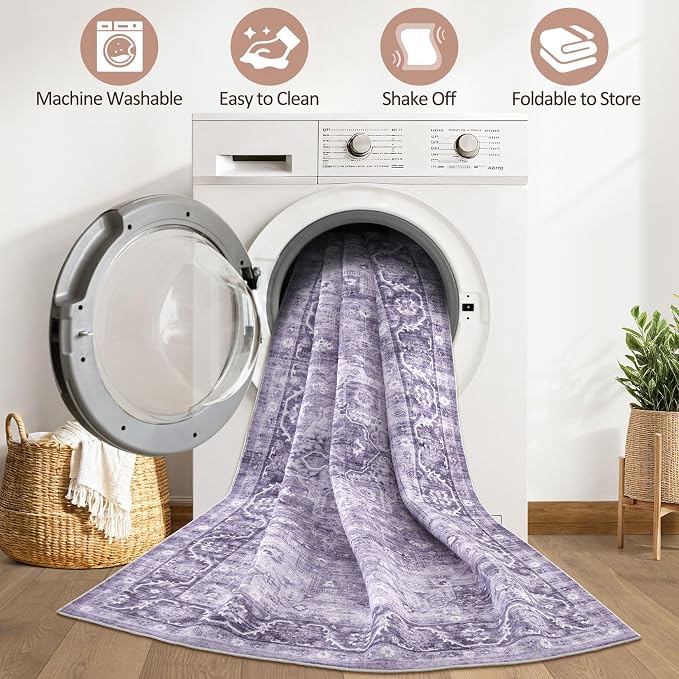 6x8 Area Rug Living Room: Washable Boho Large Neutral Vintage Soft Rug Stain Resistant Farmhouse Non-Slip Indoor Floor Carpet for Bedroom Nursery Kids Playroom Office Dining Room- Purple