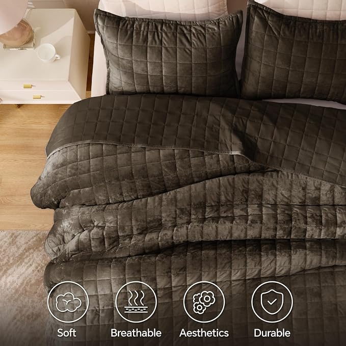 BEDELITE Velvet Quilt Set Queen Size - Luxury Soft Velvet Comforter Bedding Set for All Season, Lightweight Quilted Box Stitch Oversized Bedspread Coverlet with 2 Matching Shams, Mocha Brown