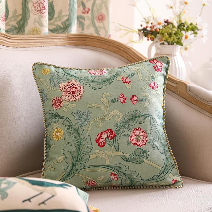 patdrea French Vintage Linen Throw Pillow Cover,18"x18",Set of 2-Cecilia B | Decorative Pillow Case with Zipper,Green Floral Pattern,Cushion Coverfor Couch Living Room Bedroom Sofa
