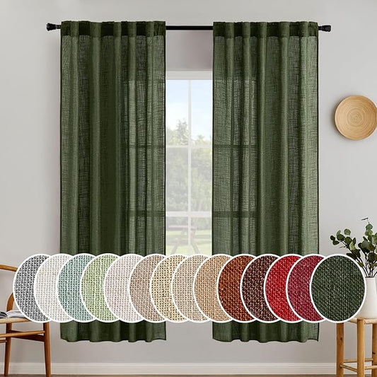 MIULEE Olive Green Linen Curtains 72 Inch Length for Bedroom Living Room, Soft Thick Linen Textured Window Drapes Semi Sheer Light Filtering Back Tab Rod Pocket Burlap Look Christmas Decor, 2 Panels