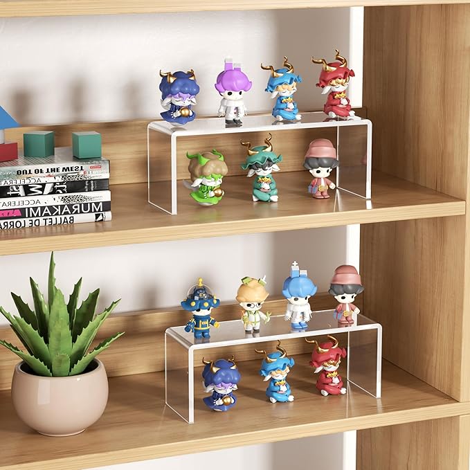 Aminigram 4 Pack Large Acrylic Risers Display Stands, Perfume Organizer Stand, Clear Acrylic Shelf for Show Decor Display, Toys, Cupcake and More(12.4 x 4 x 4.6 inches)
