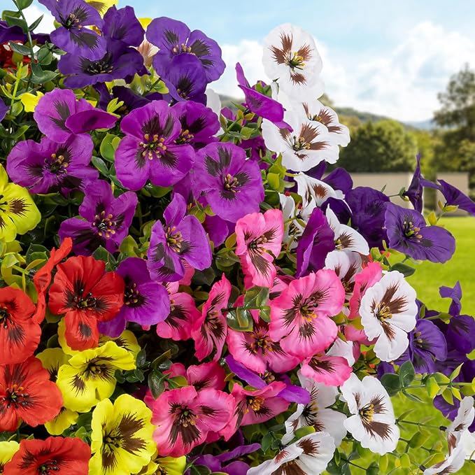 24 Pcs Artificial Fake Pansy Flowers for Outdoor,Faux Silk Plants Flowers UV Resistant Pansies Spring Flowers for Planter Front Door Porch Yard Patio Garden Window Box Home Decor(6 Color)