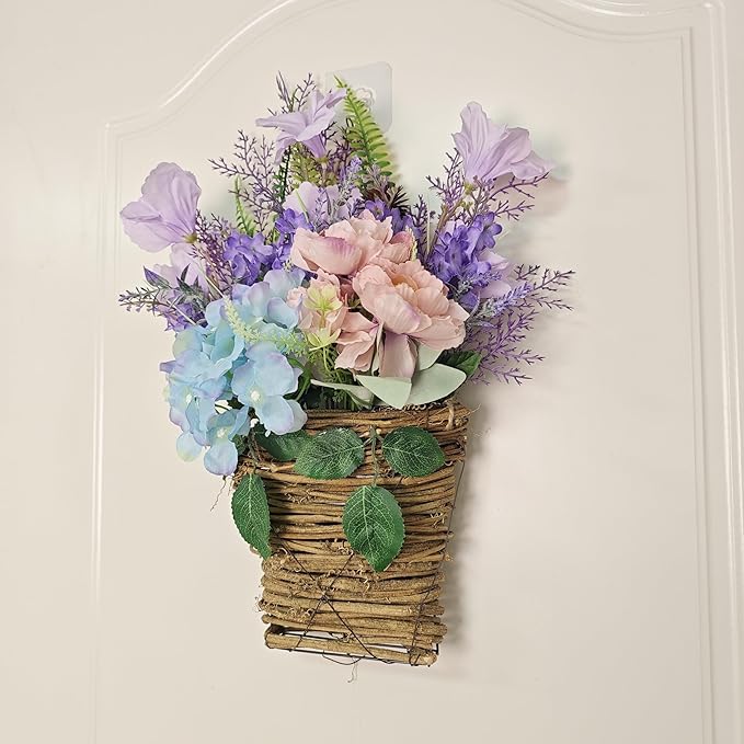 2026 Cream Hydrangea Door Hanger Basket Wreath, Spring Summer Wreaths for Front Door Wildflowers Front Door Basket Wreath Artificial Flower Hanging Basket for Home Farmhouse Seasonal Decor (D)