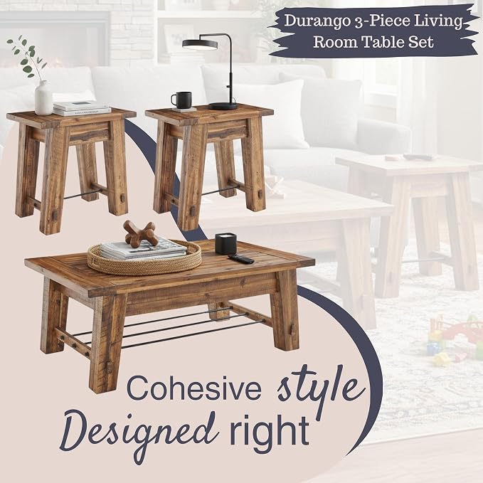 Alaterre Furniture Durango Solid Wood Coffee Table Set of 3, Rustic | Living Room Table Set Include 48-Inch Coffee Table and 2 27-Inch End Tables with Sturdy Metal Accents and Storage Shelf