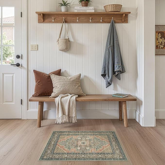 Tortania Area Rug 2x3 Doormat - Washable Vintage Oriental Farmhouse Soft Thin Indoor Carpet for Living Room Bedroom Hallway Entryway Kitchen - Sage Terracotta